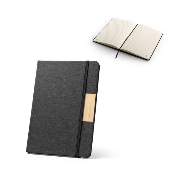 Cahier A5 à couverture rigide fabriquée à partir de tissu PET 100% recyclé, avec des pages lignées en papier recyclé