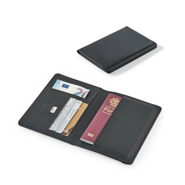 Porte-passeport en polyuréthane avec fermeture élastique et multiples poches